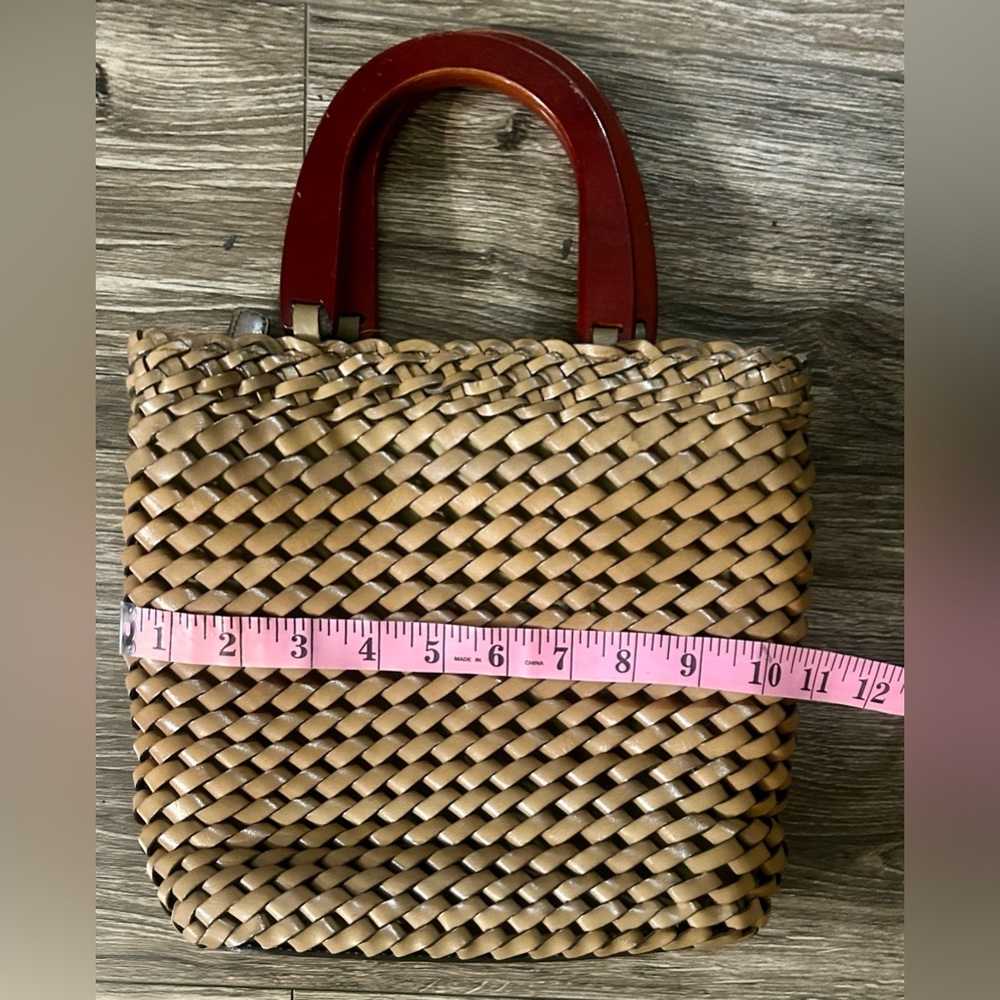 Fossil Vintage Brown  Woven Leather Purse Hand Bag With Wooden Handle Bohemian - Picture 9 of 10